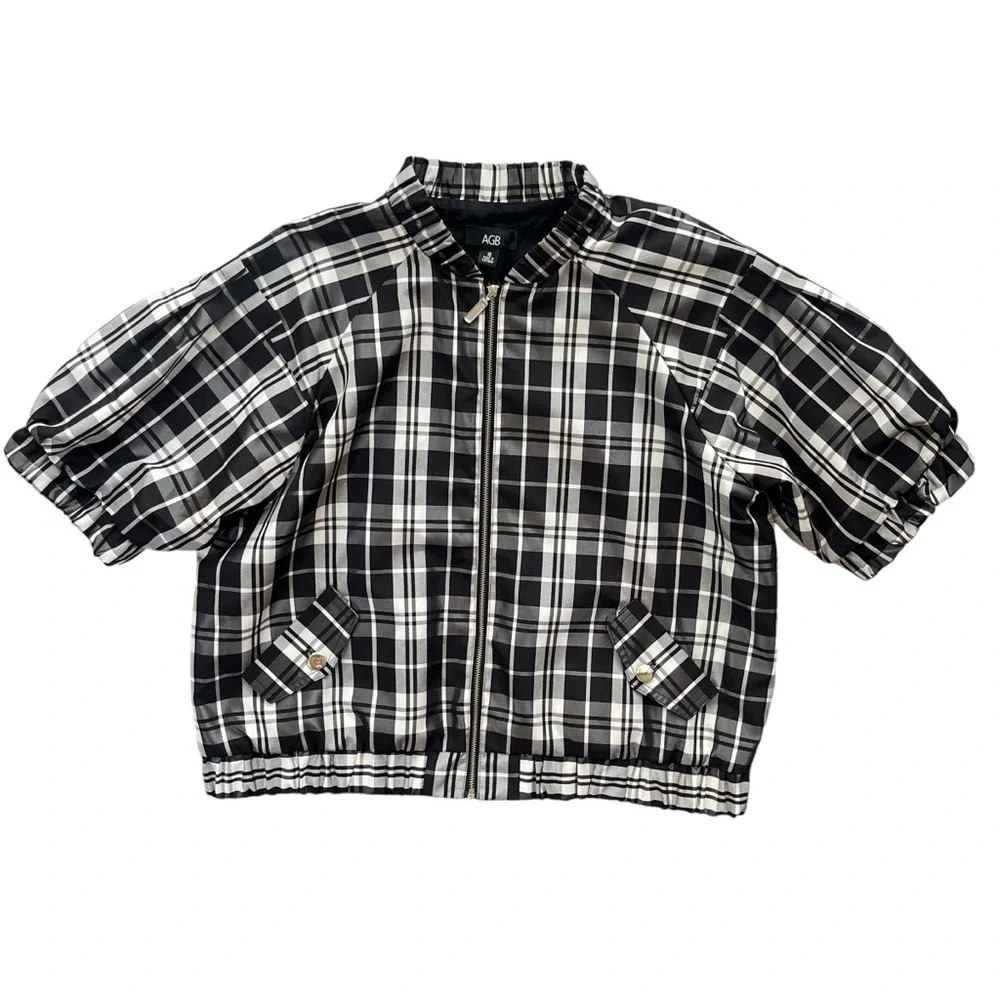 AGB Women’s Size 16 Black & White Plaid Short Puff Shirring Sleeve Zip Up Jacket